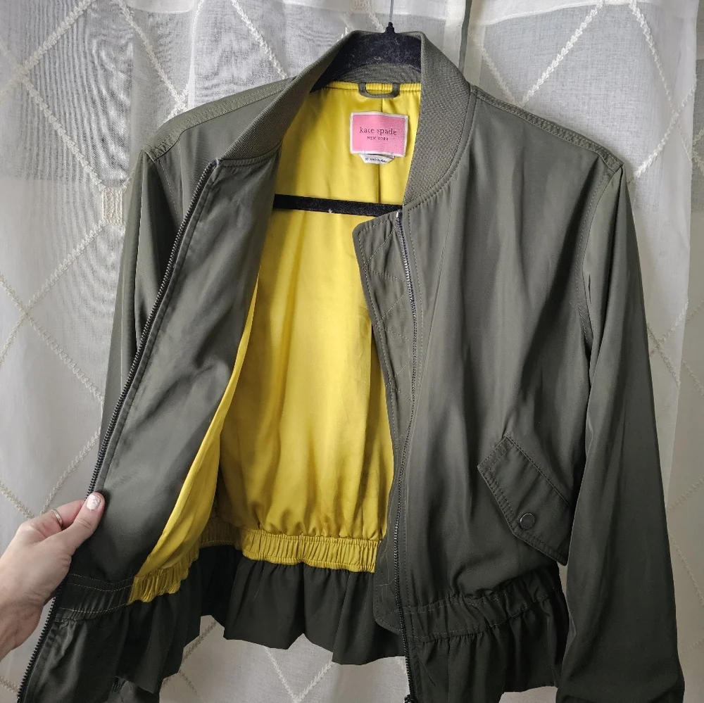 Kate Spade Twill Flounce Bomber Olive Green Jacket